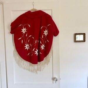 Vintage Red Floral Embroidered Fringe Poncho Cape
